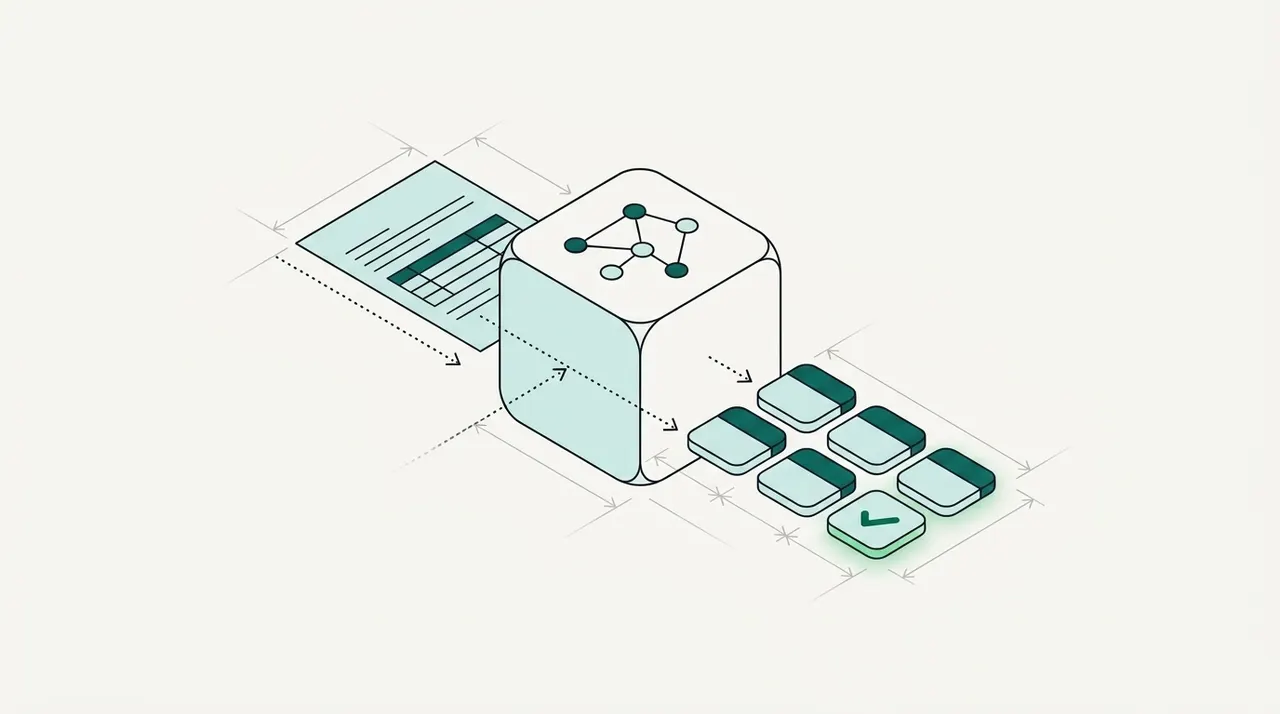 Line drawing of a document with a table passing through an AI cube and coming out as separate data fields, one marked with a green check