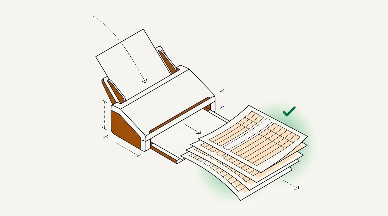 A sheet-fed scanner feeding out the pages of a long bank statement, fanned in a stack with rows of table cells, one row in a dashed outline and a green check beside them