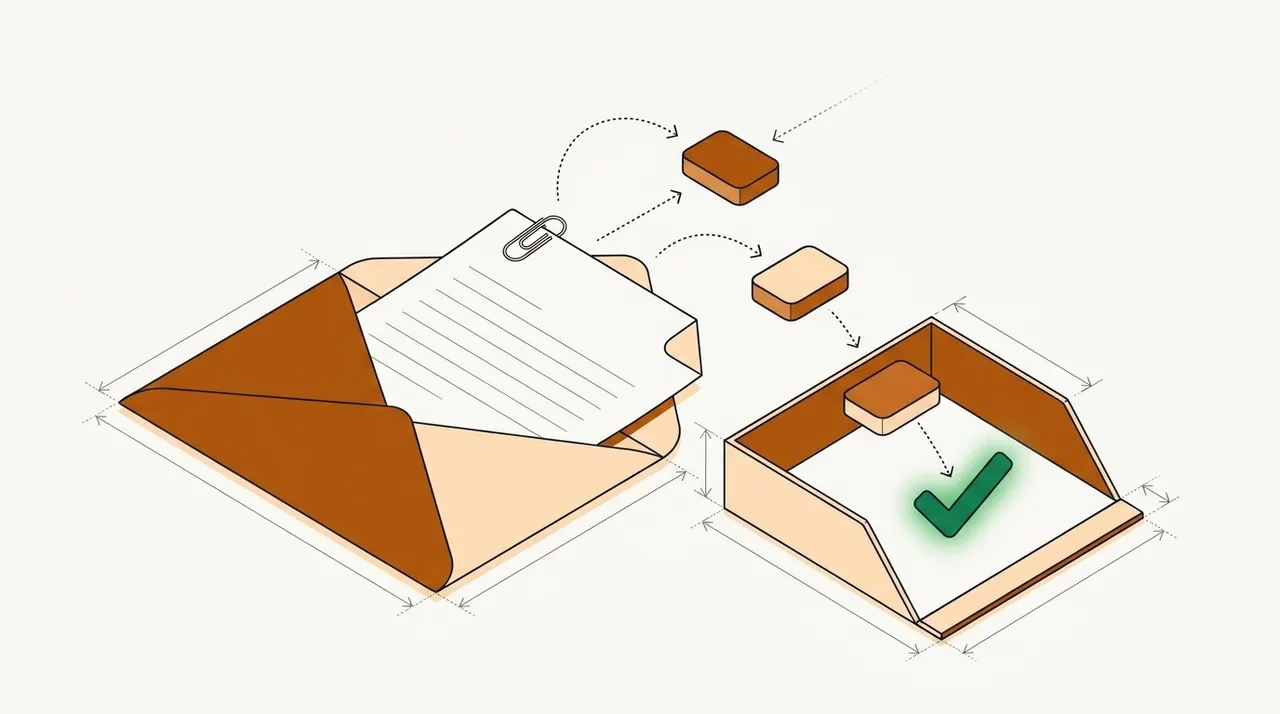 Line drawing of an email with a clipped attachment whose data blocks drop into an inbox tray marked with a green check