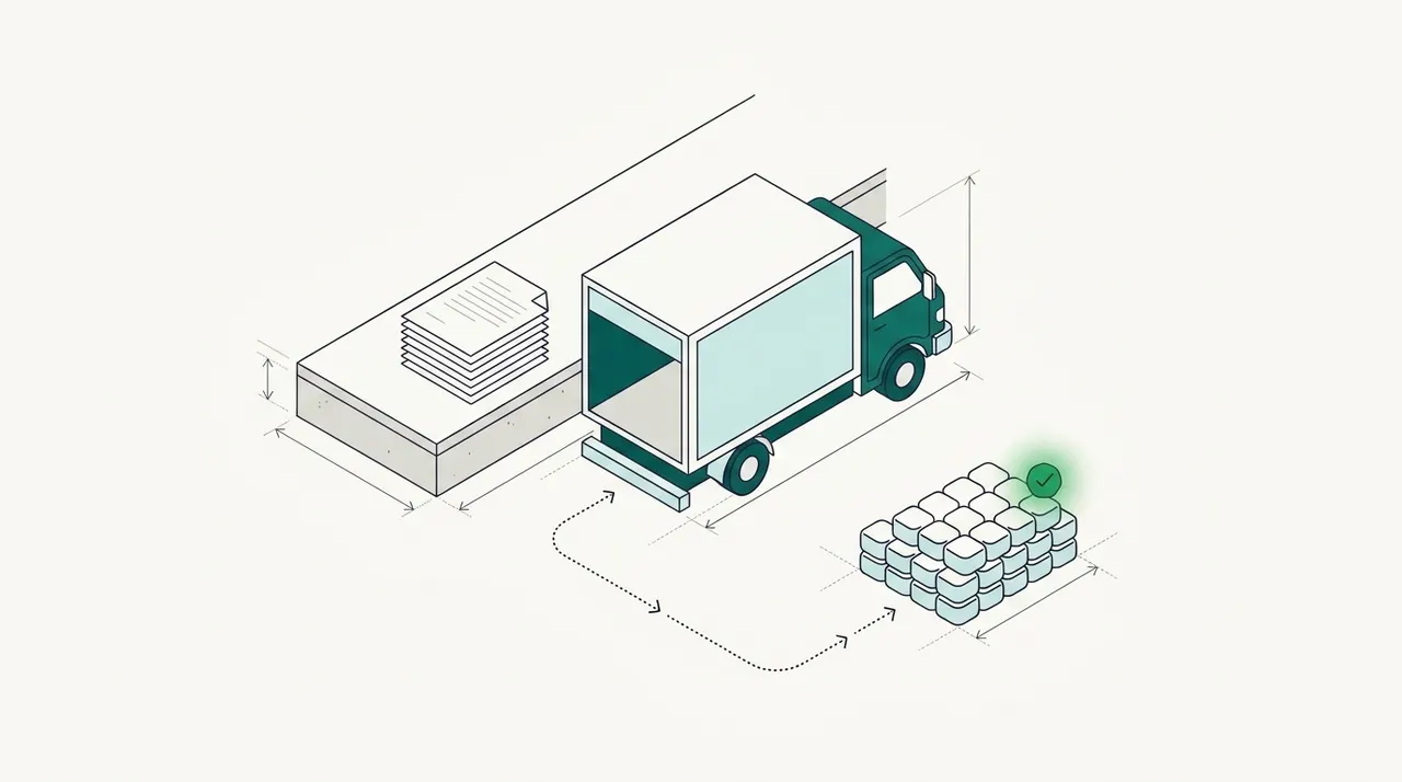 Line drawing of a box truck at a loading dock with a stack of papers on the dock, and a dotted path to a stack of blocks marked with a green check