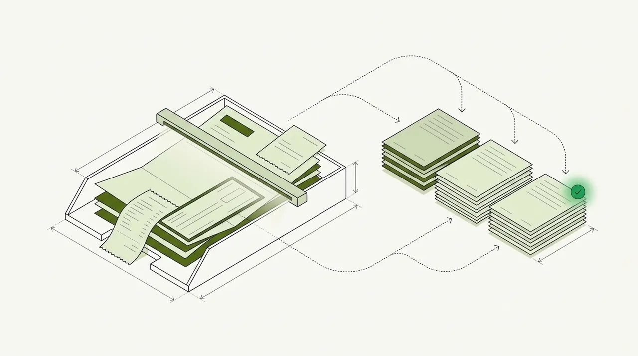 Line drawing of invoices and receipts fed from a tray through a scanner and sorted into three stacks, one marked with a green check