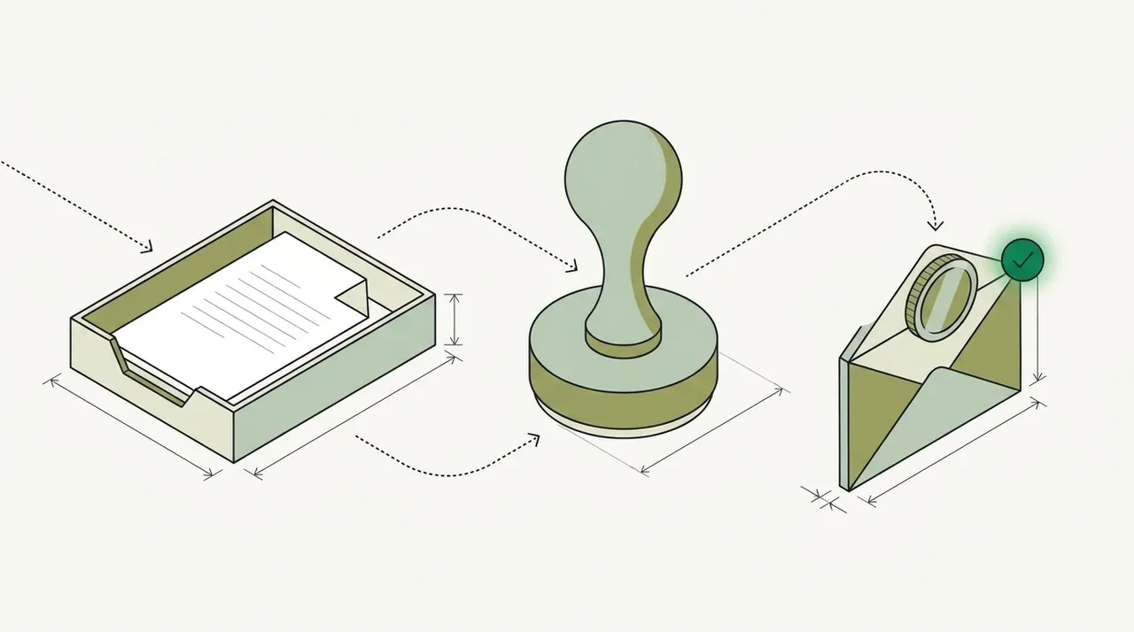 Line drawing of an in-tray of invoices, an approval stamp and an envelope with a coin, linked by dotted arrows