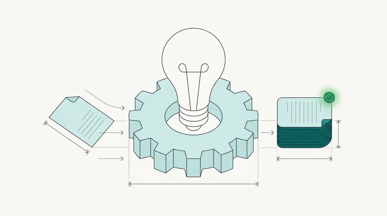 Line drawing of a document feeding into a gear with a lightbulb at its center, which sends out a stack of documents marked with a green check
