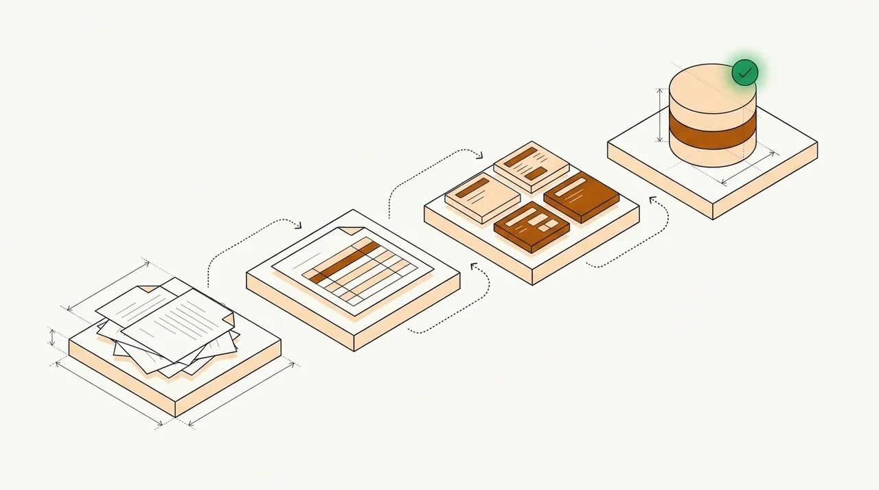 Line drawing of a pile of documents becoming a table, then sorted field groups, then a verified record in a database