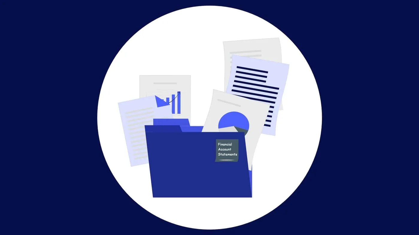 Illustration of a blue folder labeled Financial Account Statements holding charts and reports