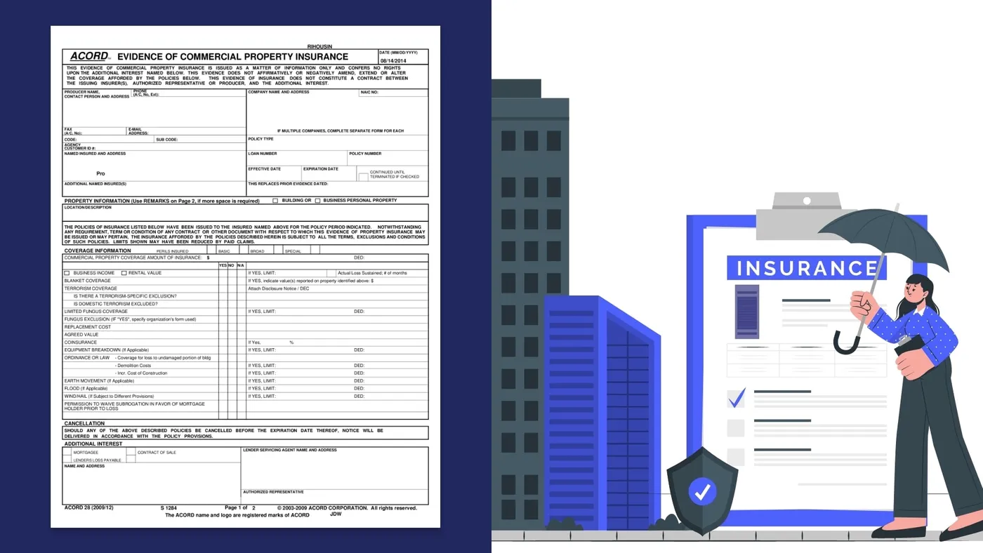 Page 1 of an ACORD 28 Evidence of Commercial Property Insurance form, 2009/12 edition, beside an illustration of a woman with an umbrella next to an insurance clipboard and office buildings