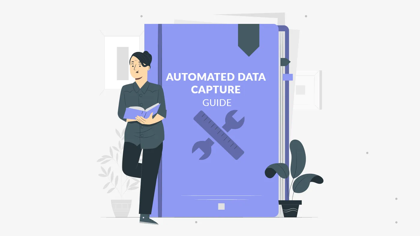 Illustration of a person reading beside a large book titled Automated Data Capture Guide with a wrench and ruler on the cover