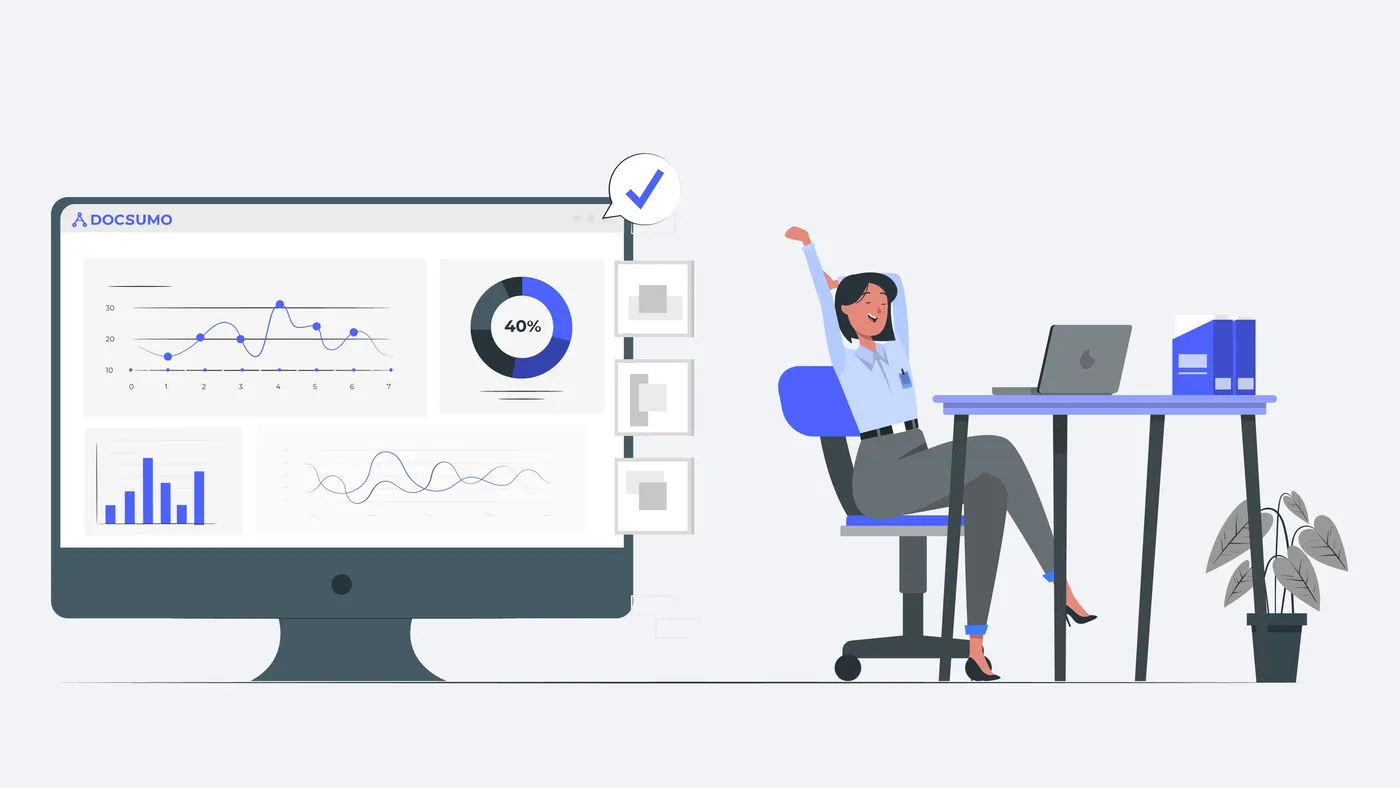 Illustration of a relaxed person at a desk next to a large Docsumo dashboard with charts and a check mark
