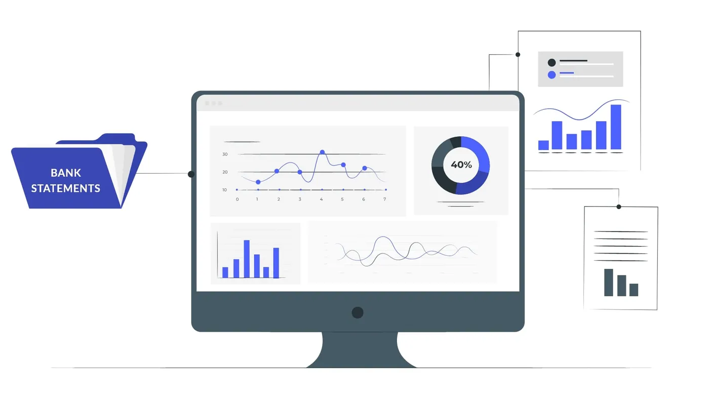Illustration of a bank statements folder feeding charts and reports on a monitor