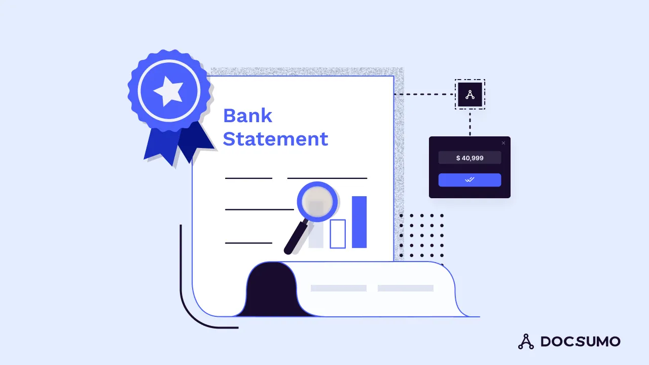 Illustration of a bank statement under a magnifying glass, with a $40,999 balance confirmed in a Docsumo panel