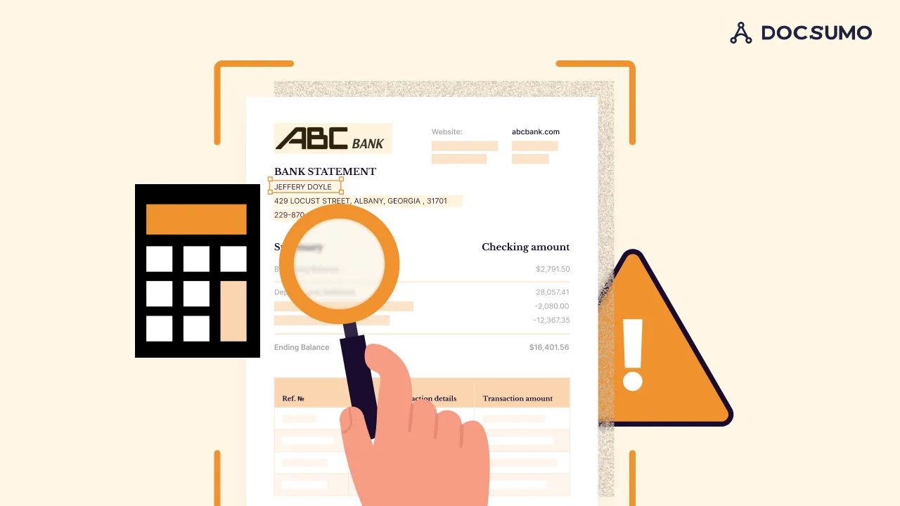 A magnifying glass over a bank statement's balance summary, next to a calculator and a warning sign