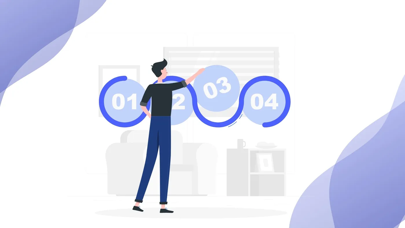Illustration of a person pointing at a sequence of numbered steps, 01 to 04