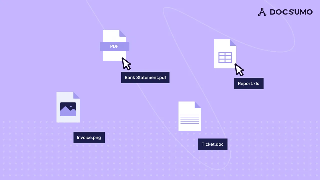 Files named Bank Statement.pdf, Report.xls, Invoice.png and Ticket.doc being selected for labeling