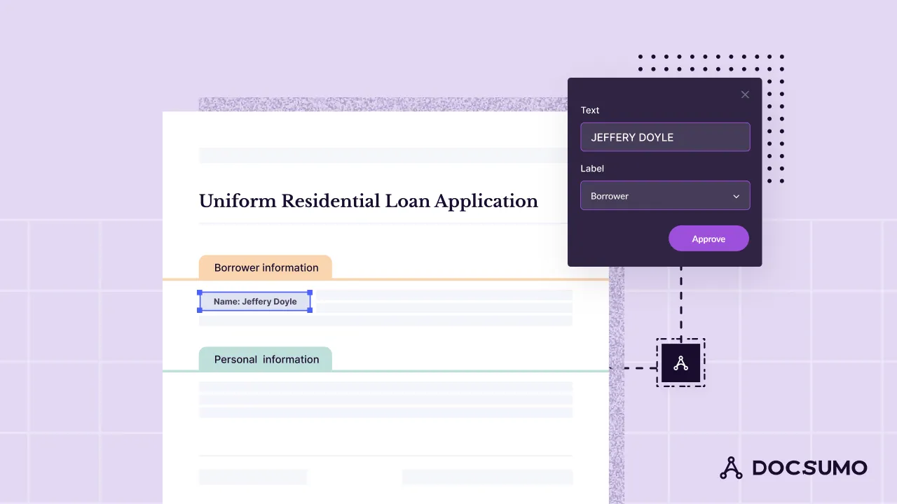 Uniform Residential Loan Application with the borrower name extracted and labeled in Docsumo