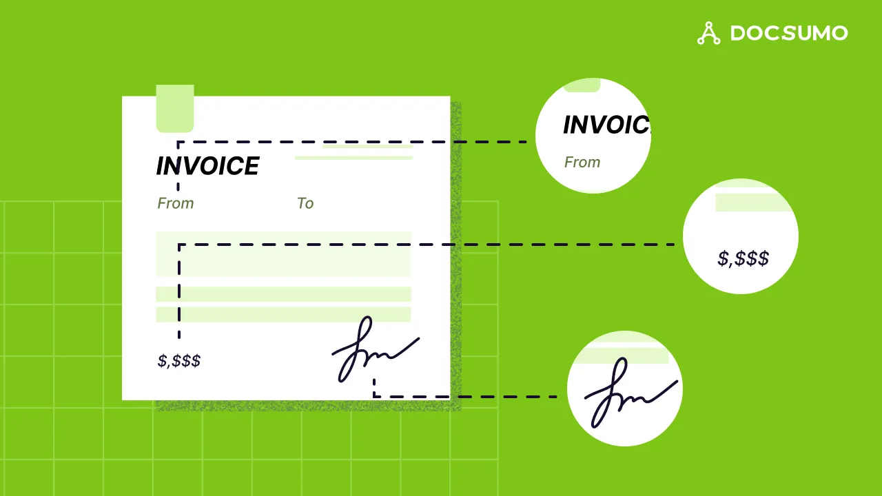 An invoice with its title, total amount and signature regions picked out and magnified