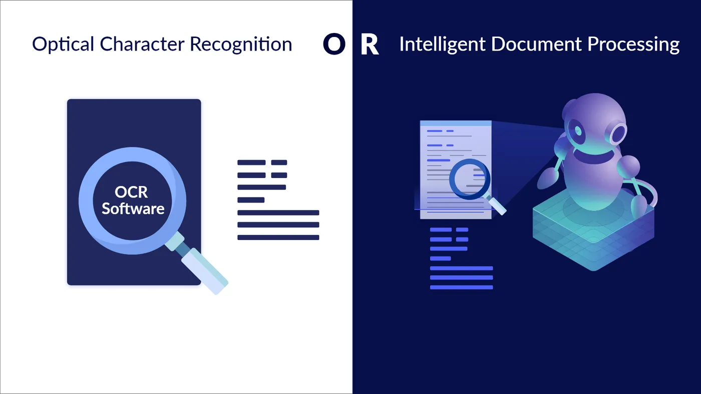 Split illustration comparing OCR software reading lines of text with intelligent document processing, shown as an AI robot analyzing a document