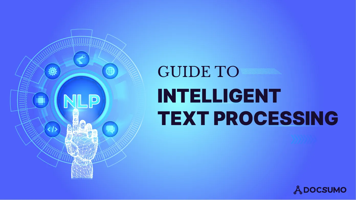 A robotic hand touching an NLP icon surrounded by technology symbols, next to the title Guide to Intelligent Text Processing