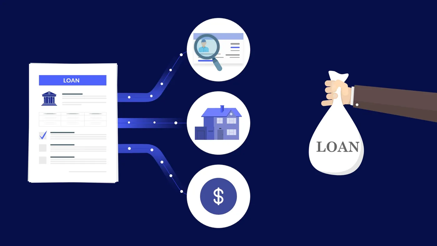 Illustration of a loan application feeding identity, property and income checks before a loan is approved