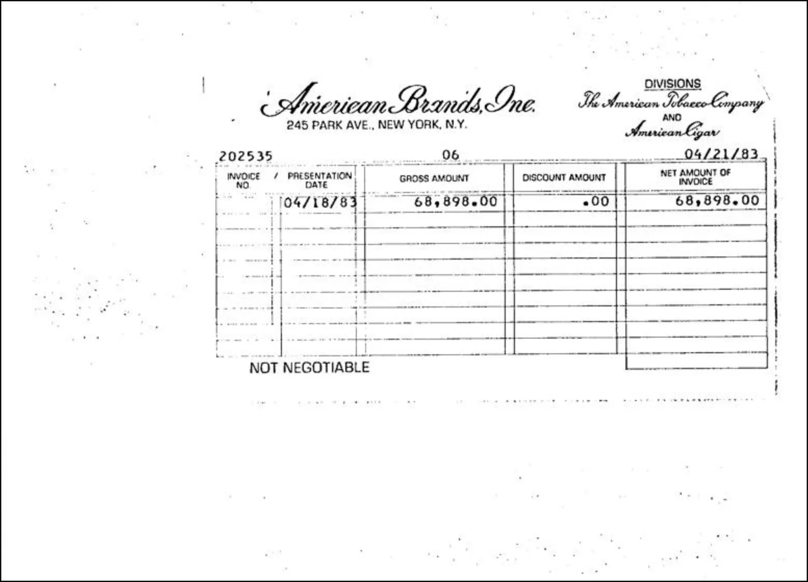 Scanned 1983 American Brands invoice stub with gross, discount and net amount columns