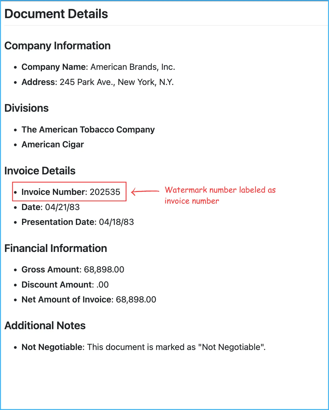 LandingAI output that labels the watermark number 202535 above the table as the invoice number