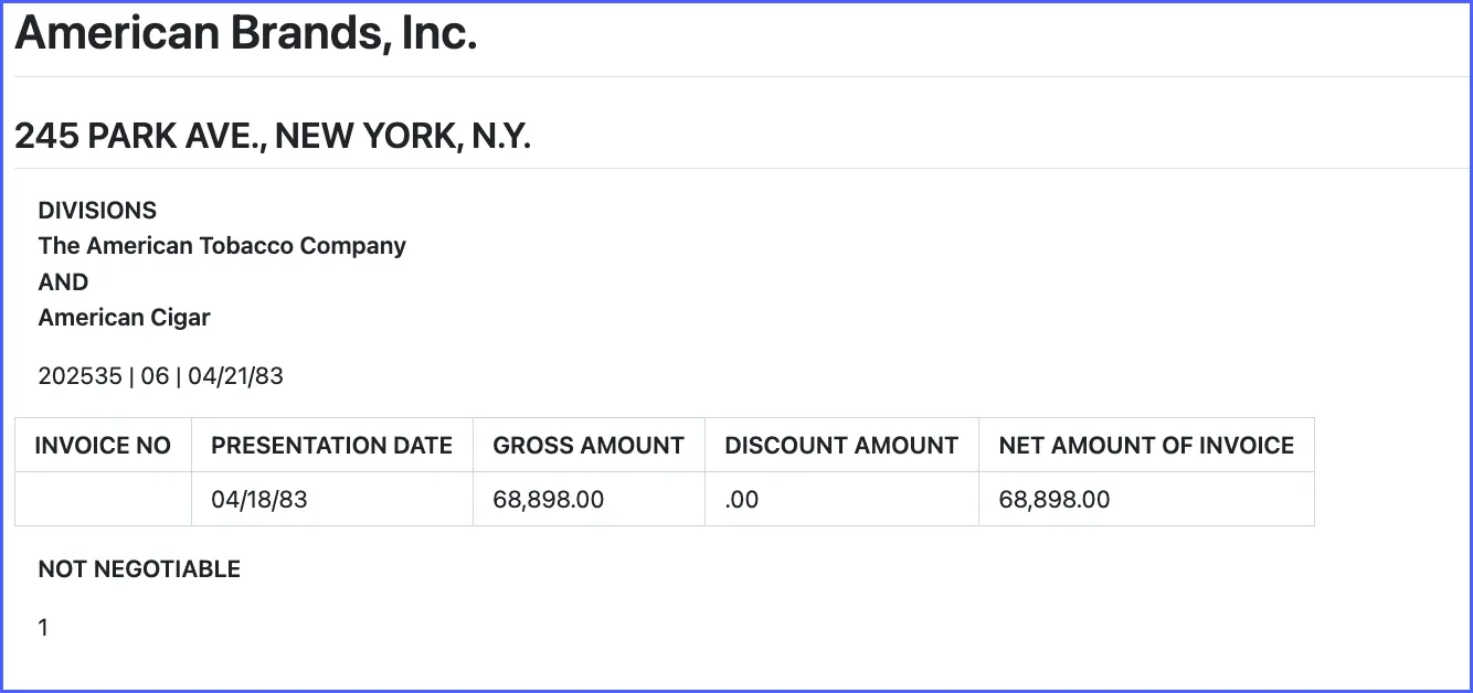 Docsumo's output of the American Brands invoice stub, with the amounts table extracted and the invoice number left blank