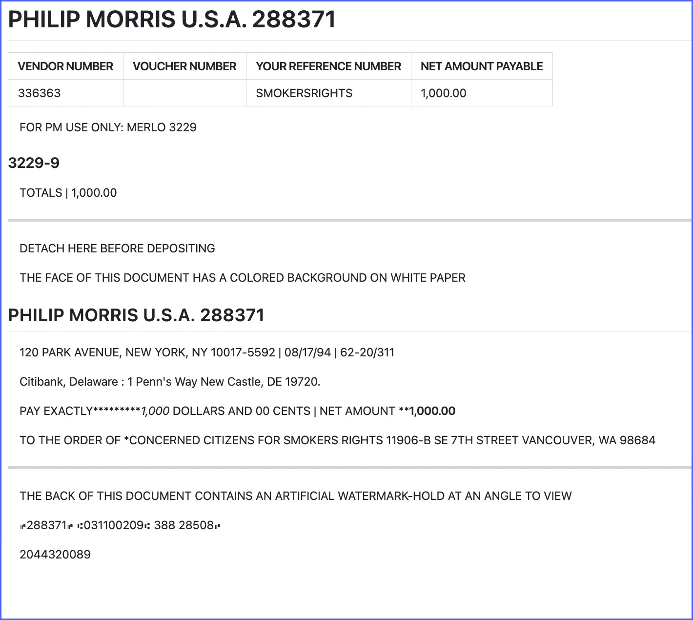 Docsumo's output of the same check, with the voucher table rebuilt as a table and all text captured