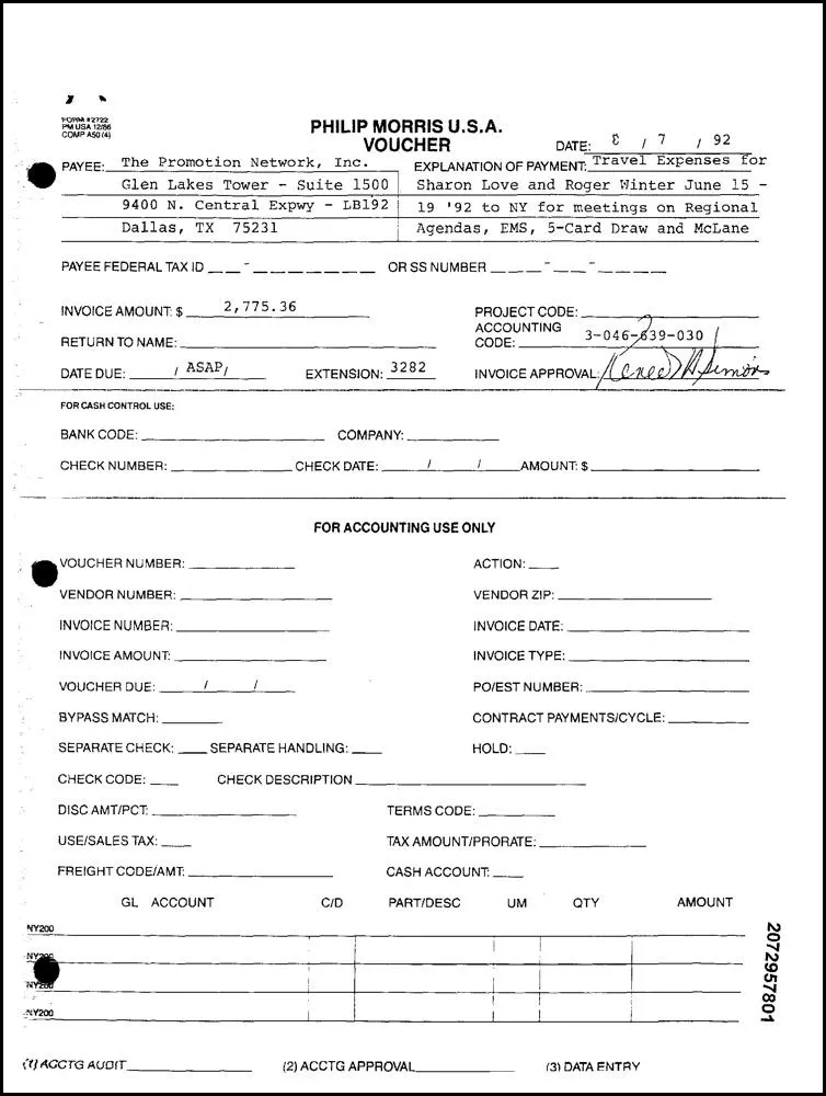Scanned 1992 Philip Morris voucher form with handwritten dates and typed payee details, given to Mistral OCR