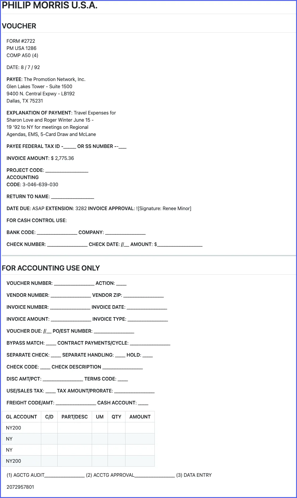 Docsumo's output of the voucher with the date, payee, amounts and GL account table extracted in structure