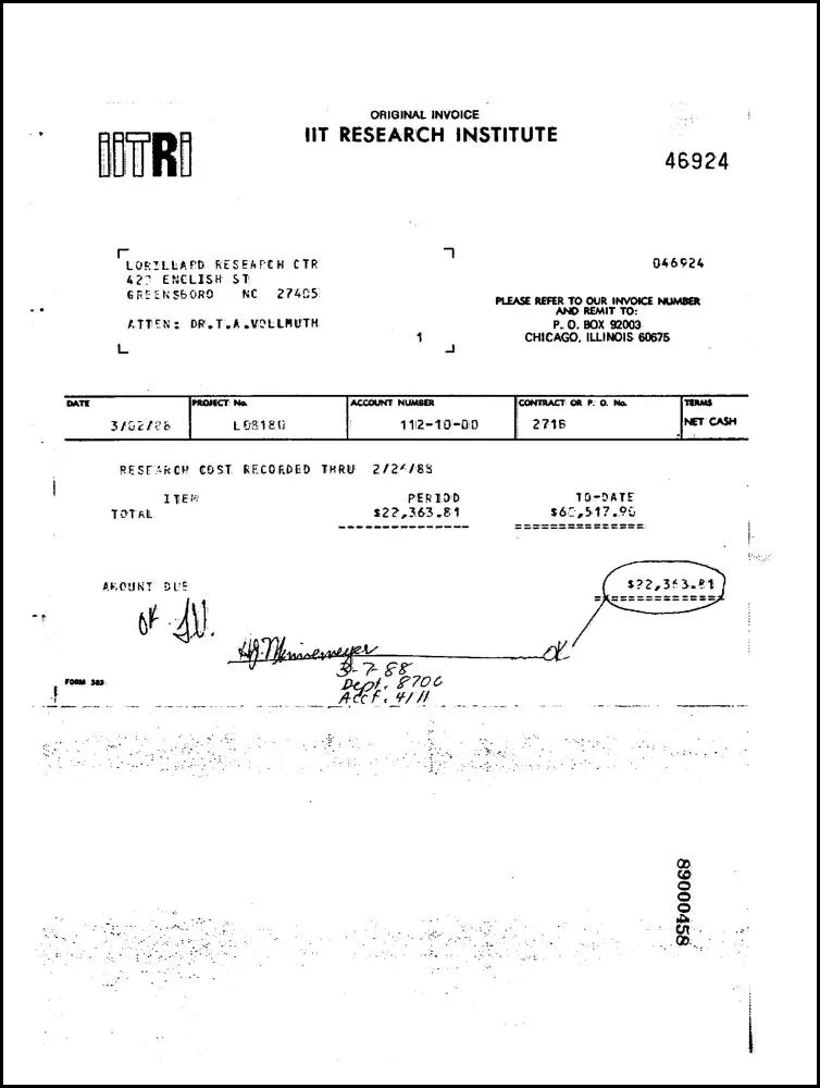 Scanned 1988 IIT Research Institute invoice with handwritten notes and a vertical number along the edge