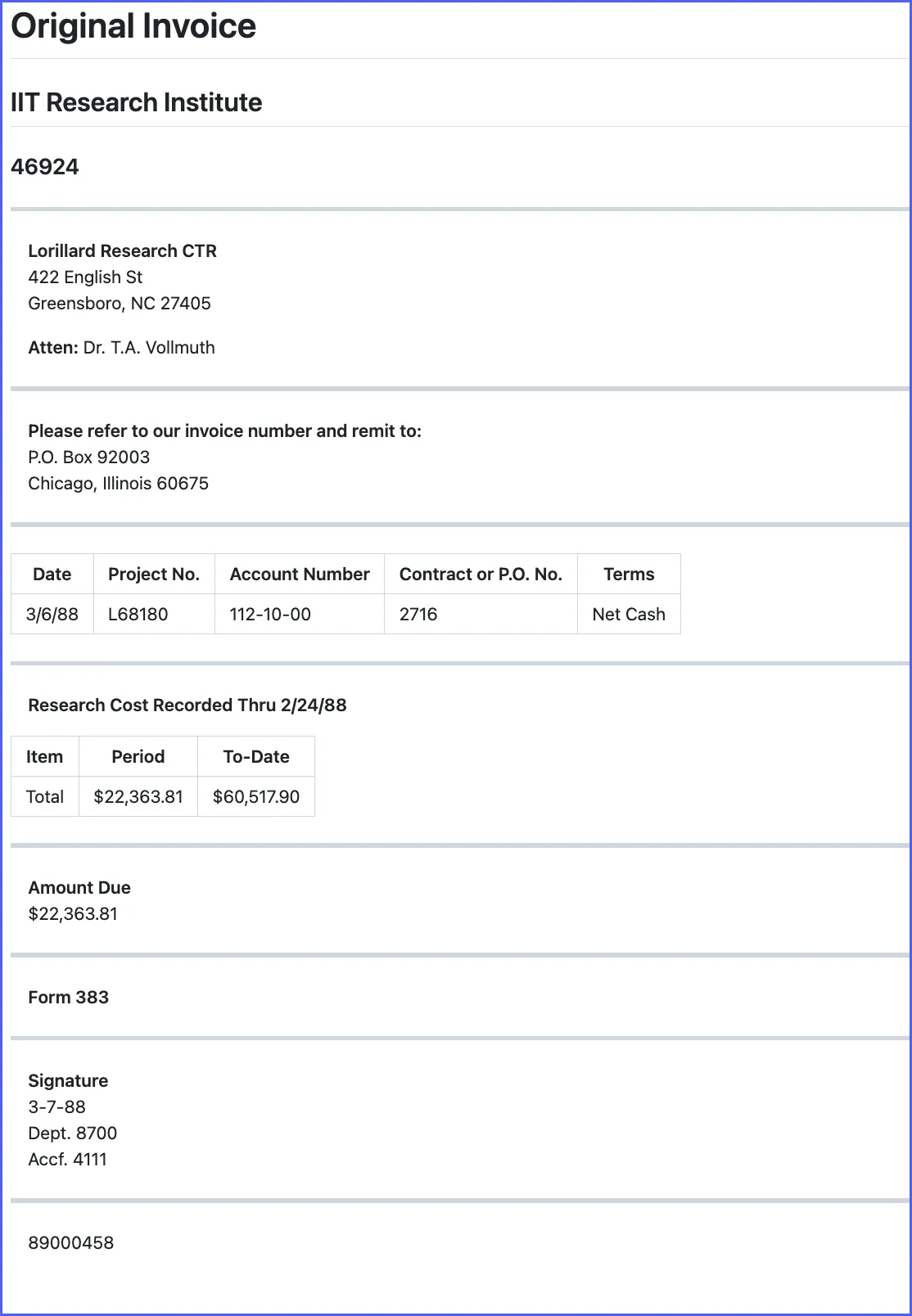 Docsumo's output of the IIT Research Institute invoice, with its tables and the vertical number 89000458 read correctly