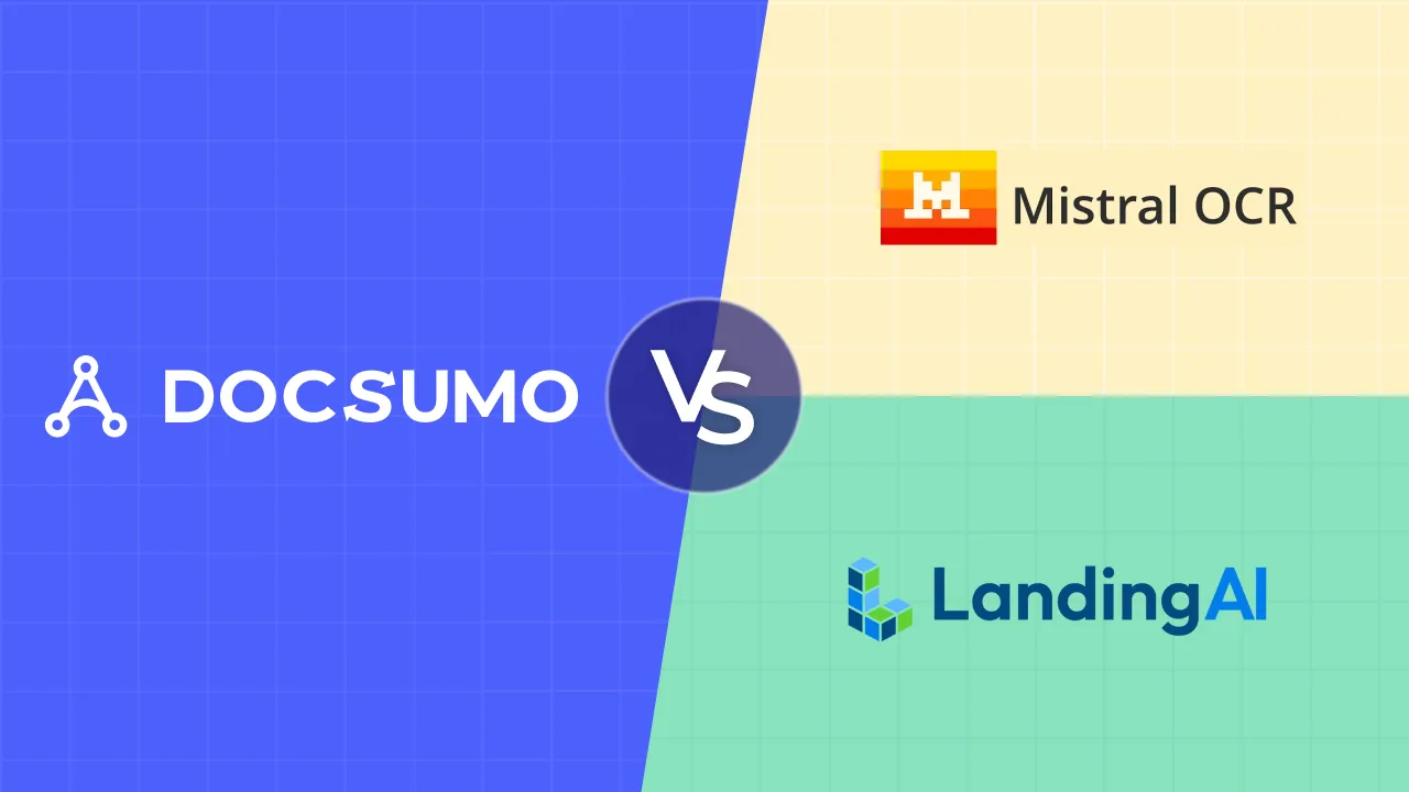 Docsumo logo on the left and the Mistral OCR and LandingAI logos on the right, split by a VS badge