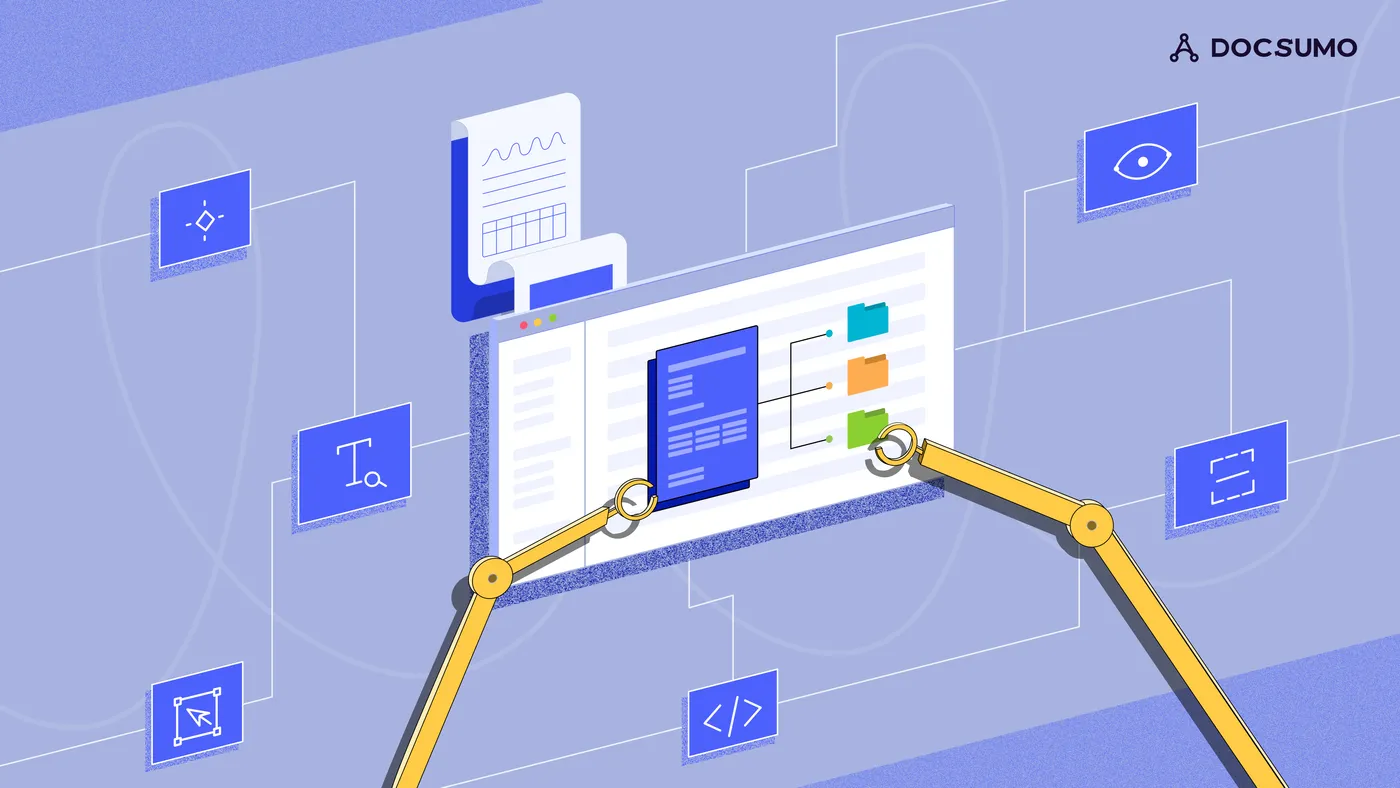 Robotic arms sorting a document on a screen into three colored folders