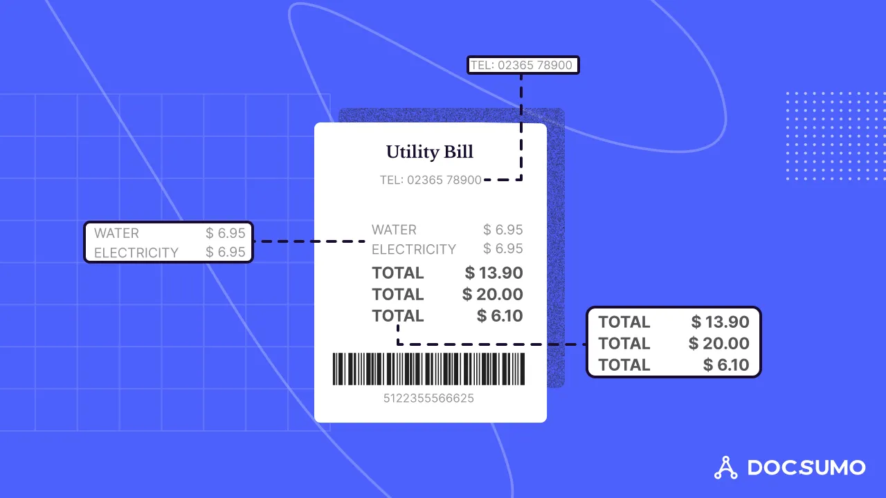 Receipt for a utility payment with water and electricity lines and three amounts labeled TOTAL, $13.90, $20.00 and $6.10, picked out for extraction