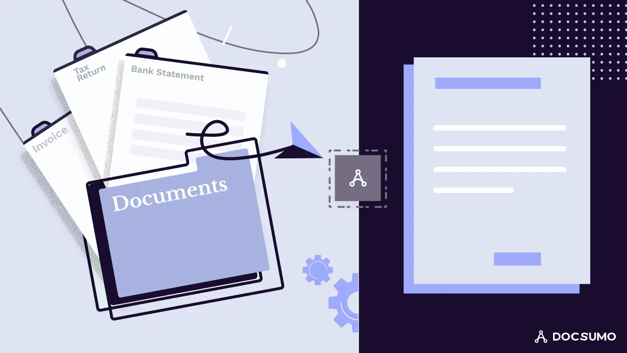 Illustration of a folder of accounting documents, including a tax return, bank statement and invoice, converted into a structured document
