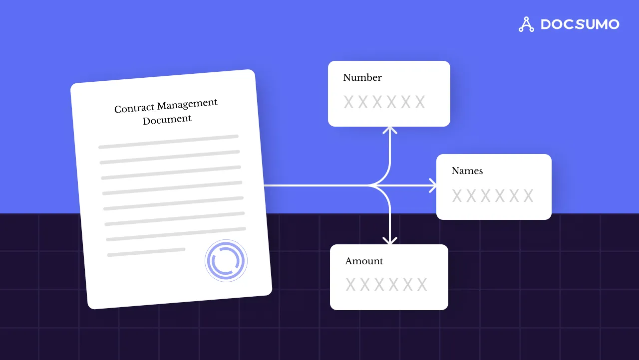 Illustration of a document with its number, names and amount fields extracted into separate boxes