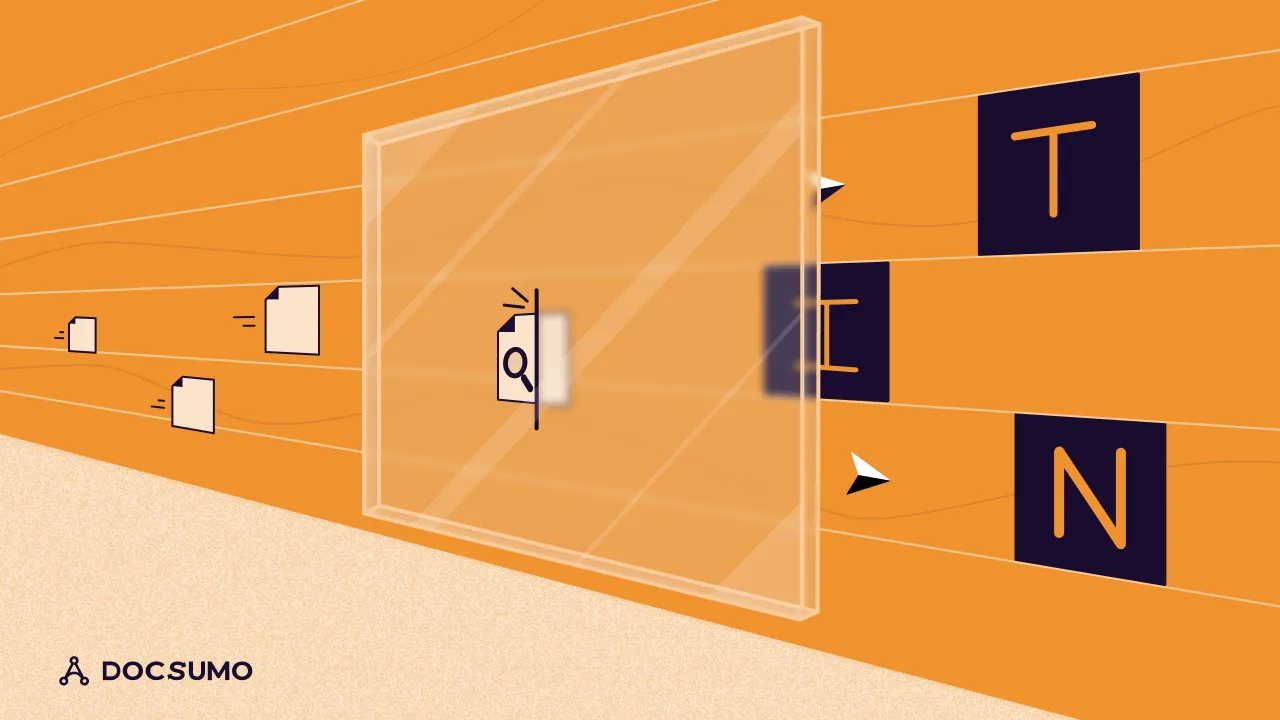 Documents passing through a glass panel with a search icon and emerging as the letters T, I and N