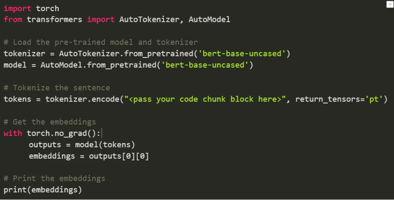 Python code that loads a BERT tokenizer and model to create embeddings for a text chunk