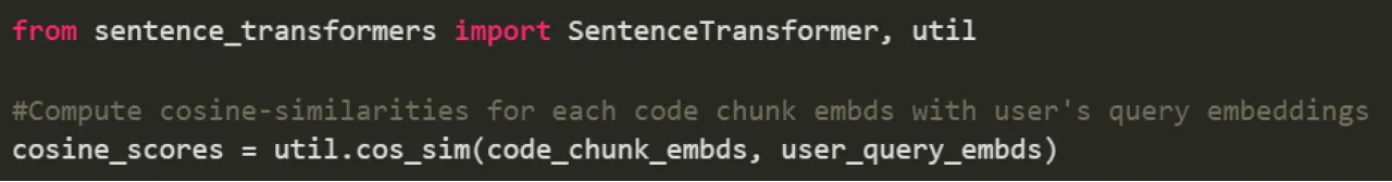 Python code computing cosine similarity between code chunk embeddings and the user's query embeddings
