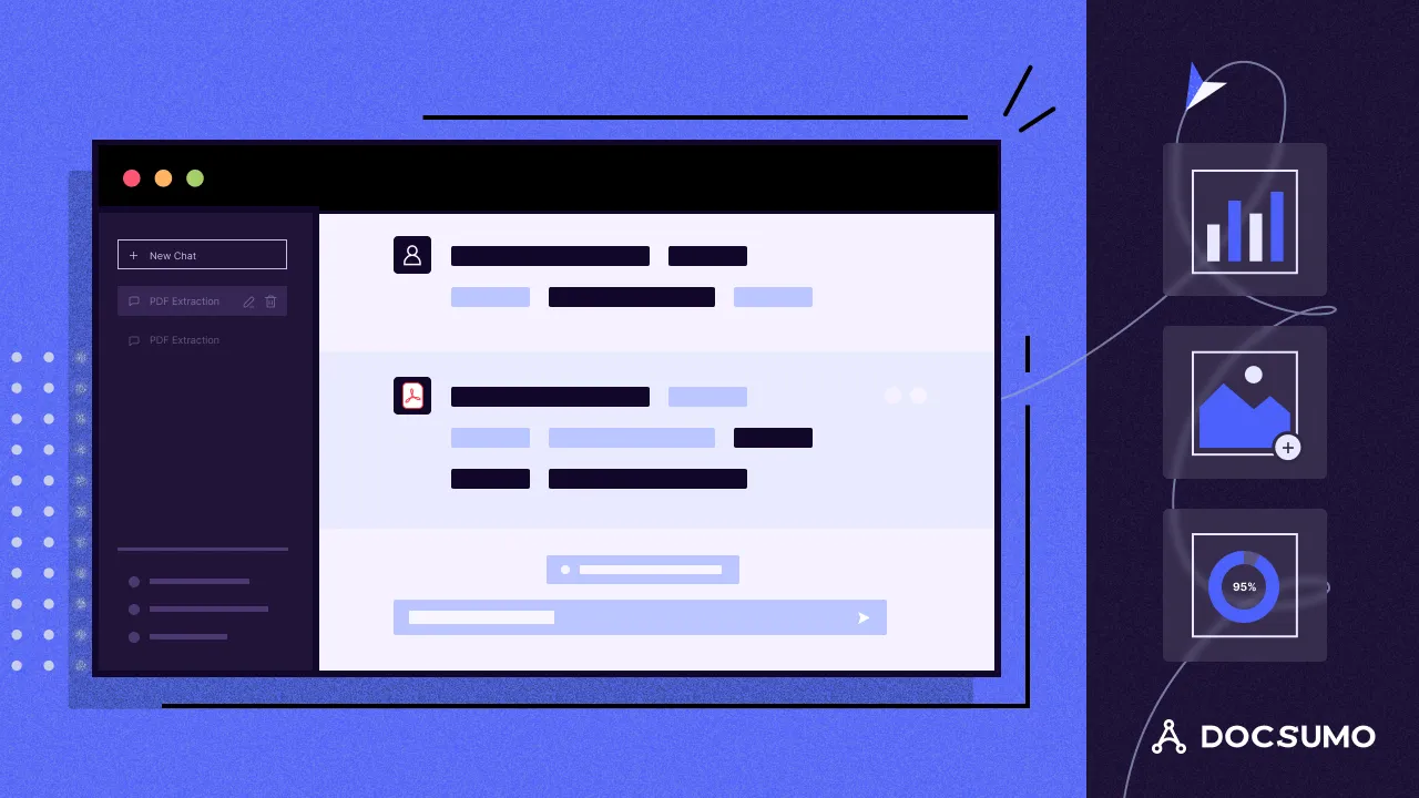 Illustration of a chat interface answering questions from PDF content, with chart and image icons