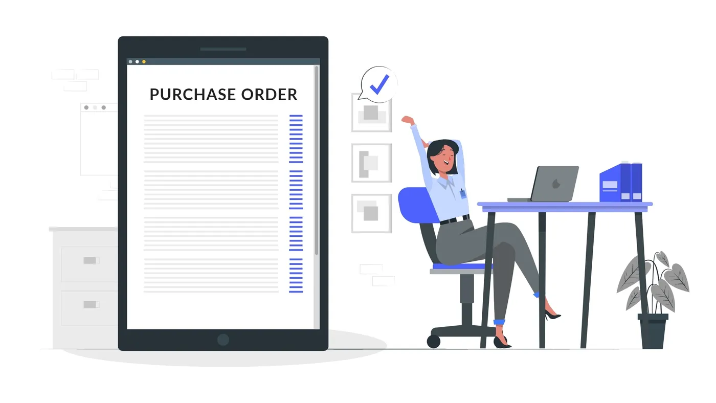 Illustration of a large purchase order on a tablet next to a relaxed person at a desk with a check mark