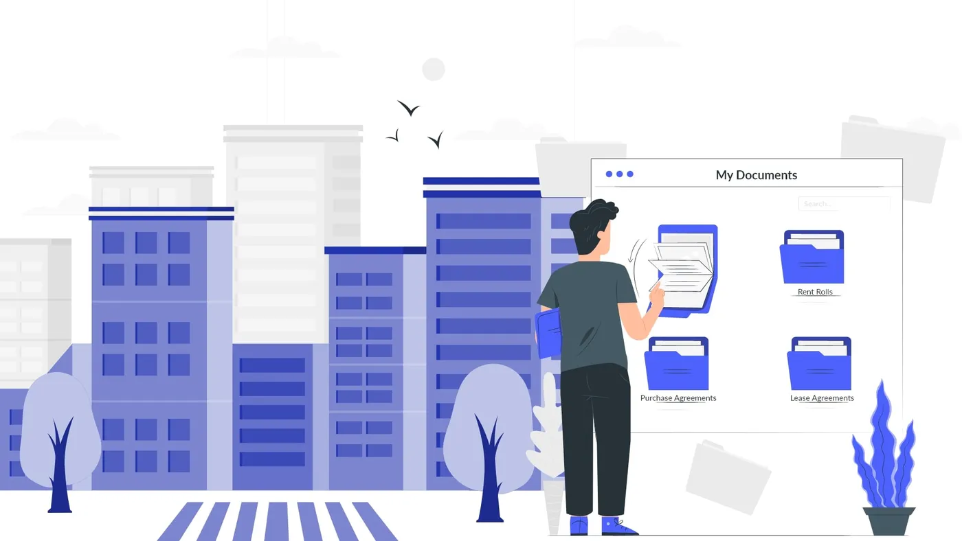 Illustration of a person opening folders labeled rent rolls, purchase agreements and lease agreements on a "My Documents" screen in front of city buildings