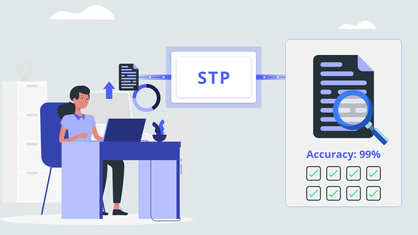 Illustration of a person at a laptop sending a document through an STP step to a checked result showing 99% accuracy