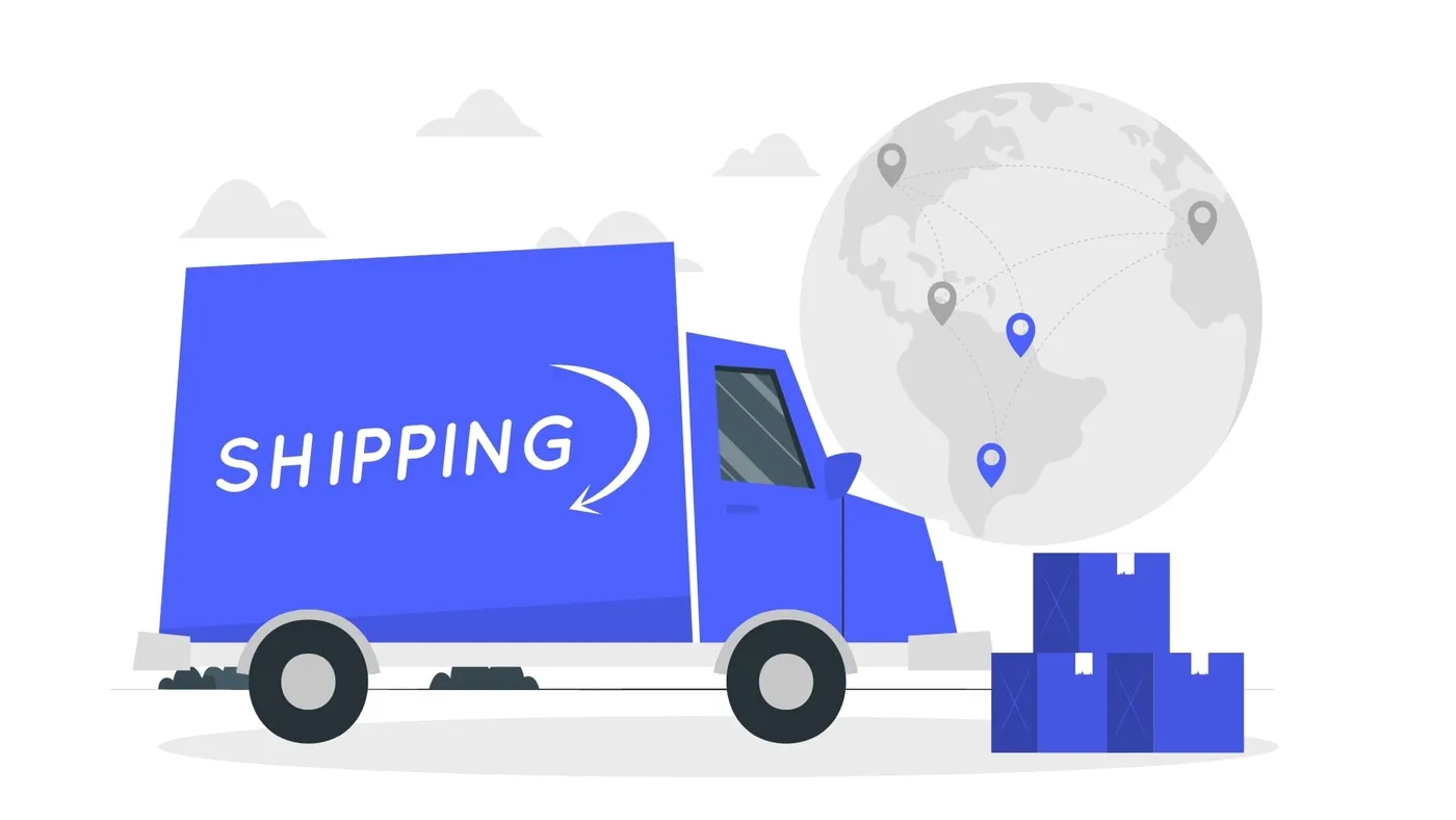 Illustration of a shipping truck and boxes in front of a globe with route markers