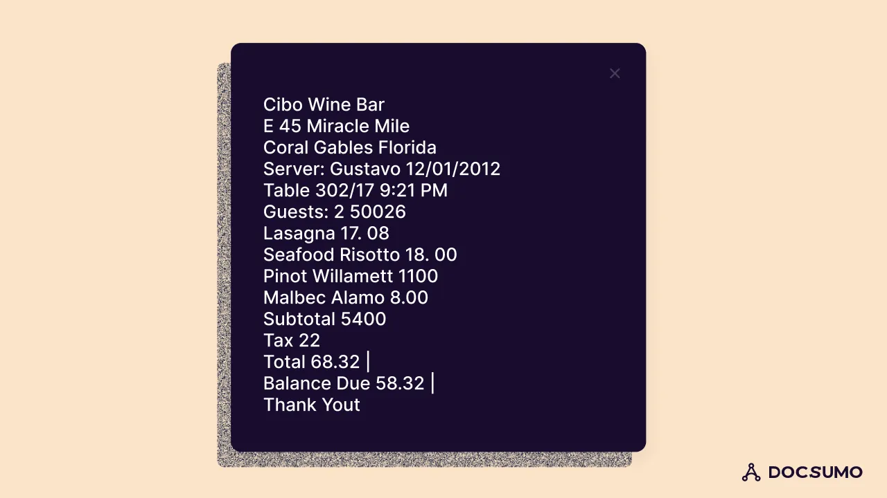 Tesseract output for the raw receipt: most lines are correct, but it reads Subtotal 5400, Tax 22 and Total 68.32