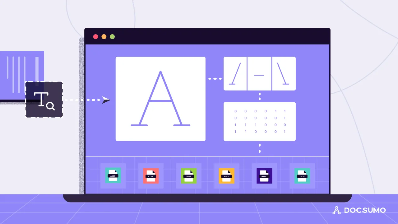 A screen showing the letter A broken into strokes and binary pixel values, with output files in ASCII, HTML and JSON formats