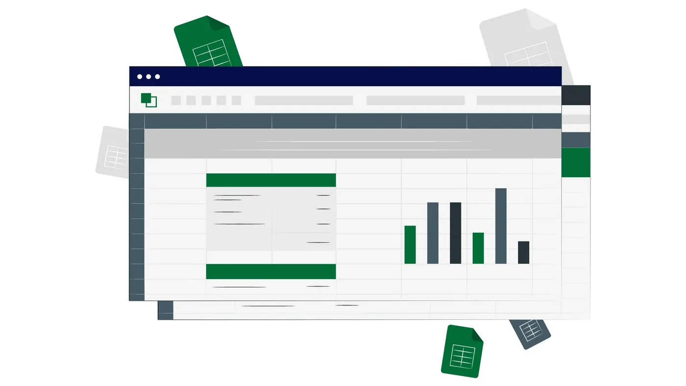 Illustration of a spreadsheet with tables and a bar chart surrounded by spreadsheet file icons
