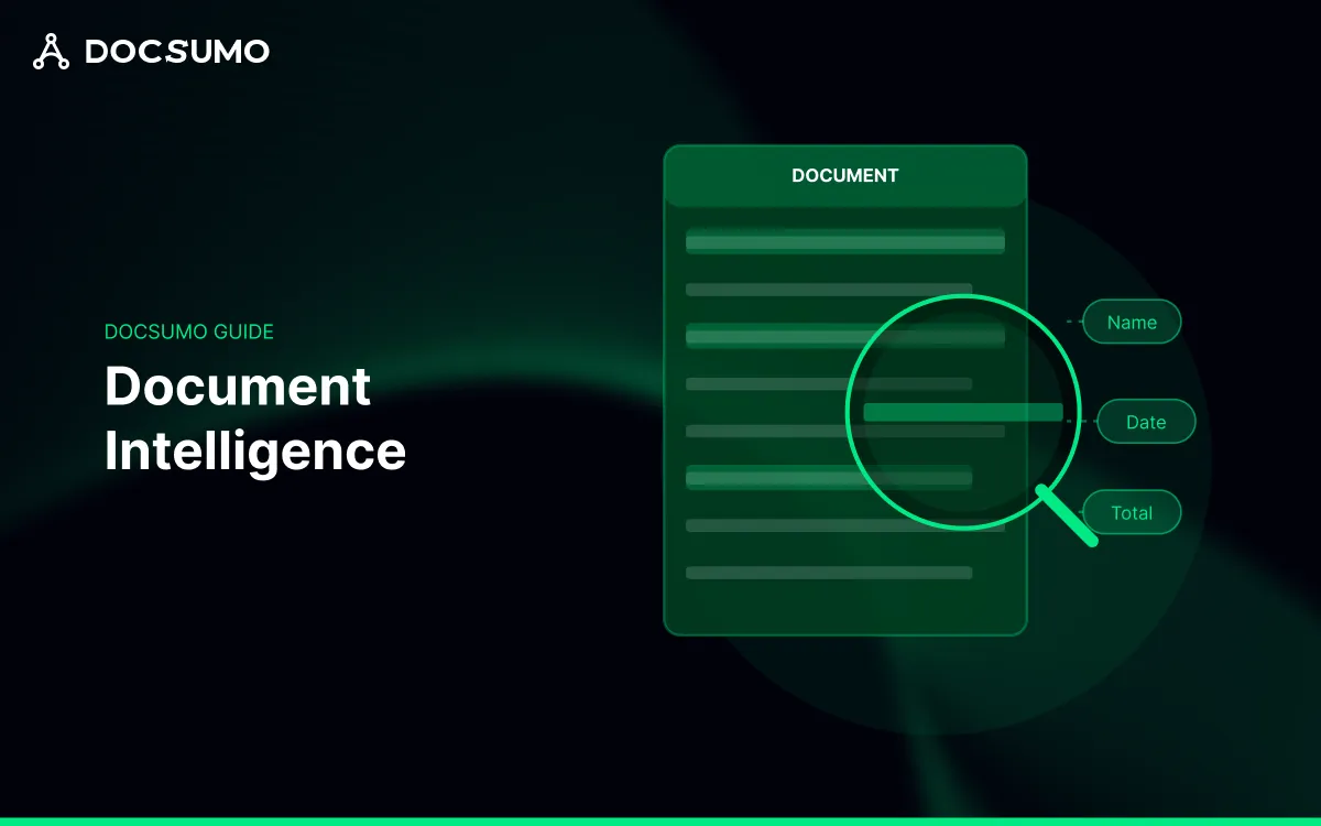 Document intelligence guide cover: a magnifying glass over a document picking out name, date and total fields